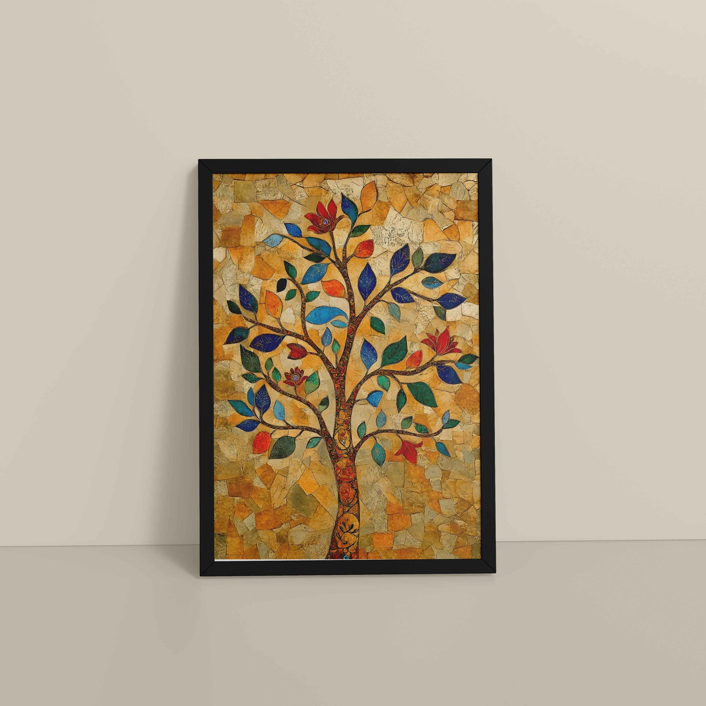 Floor View of Modern Tree Motif – Madhubani Style Wall Painting in Black Color Frame