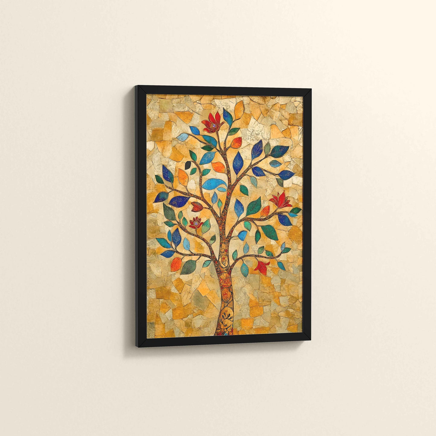 Side View of Modern Tree Motif – Madhubani Style Wall Painting in Black Color Frame