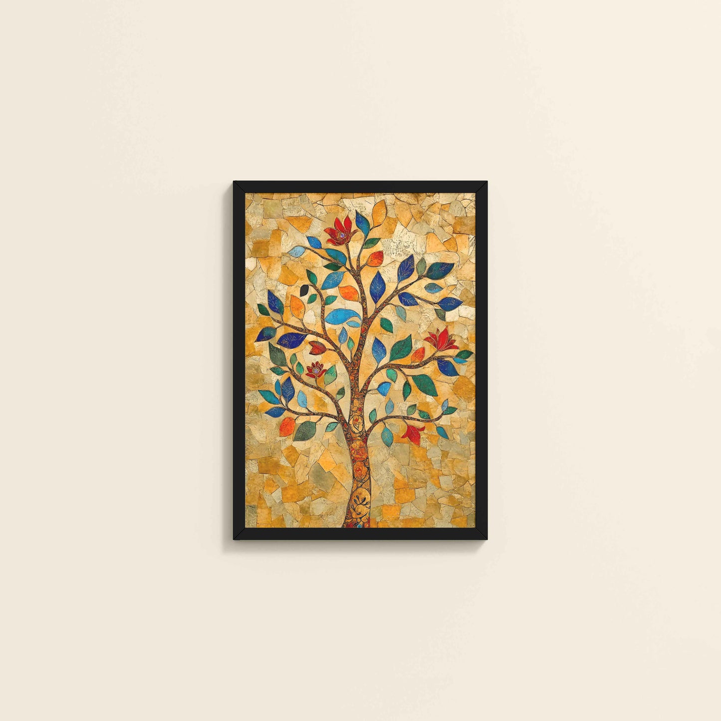 Wall View of Modern Tree Motif – Madhubani Style Wall Painting in Black Color Frame