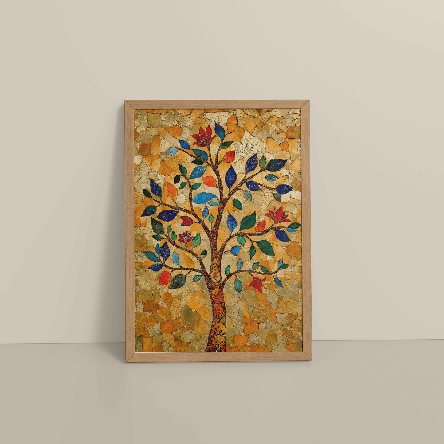 Floor View of Modern Tree Motif – Madhubani Style Wall Painting in Natrual Color Frame