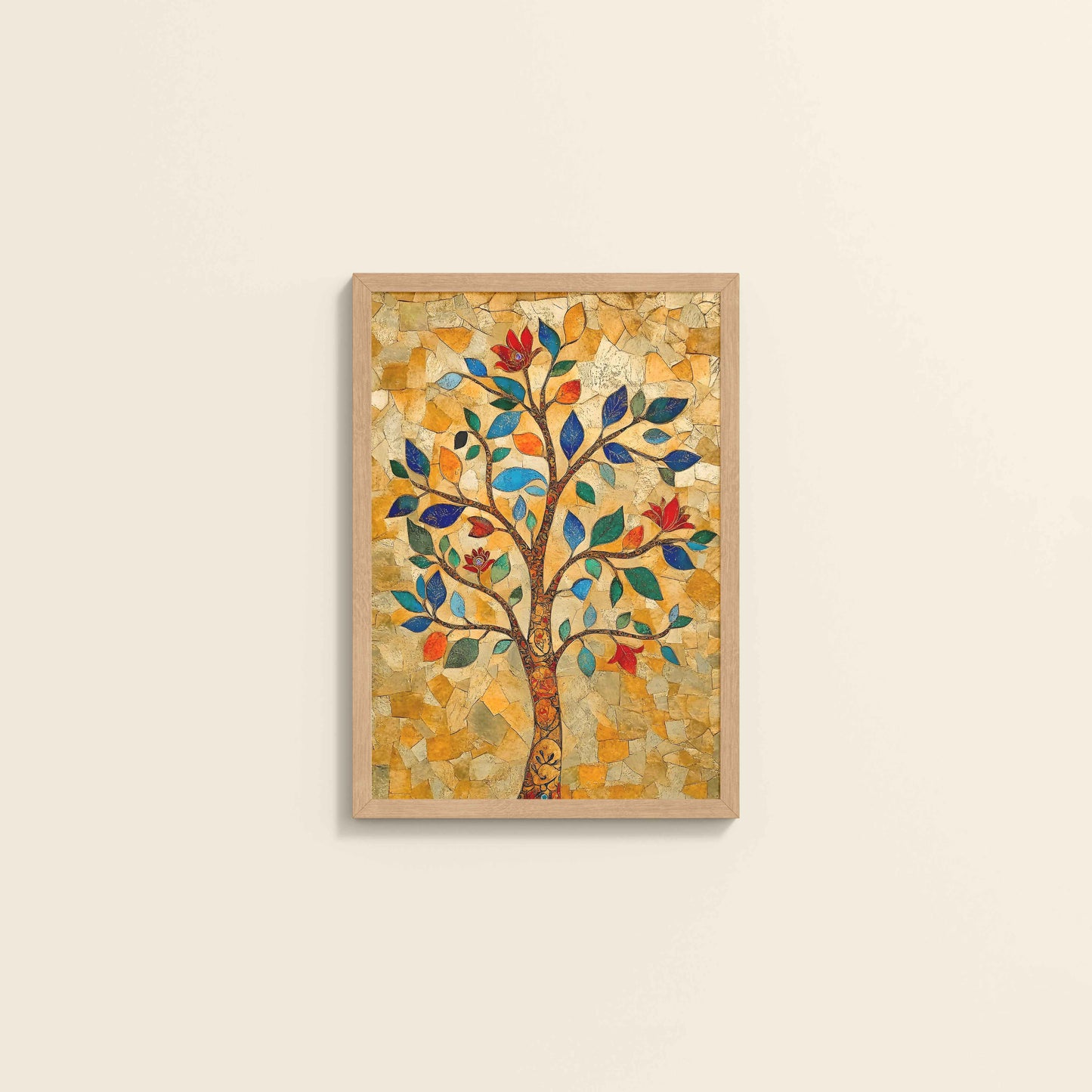 Wall View of Modern Tree Motif – Madhubani Style Wall Painting in Natrual Color Frame