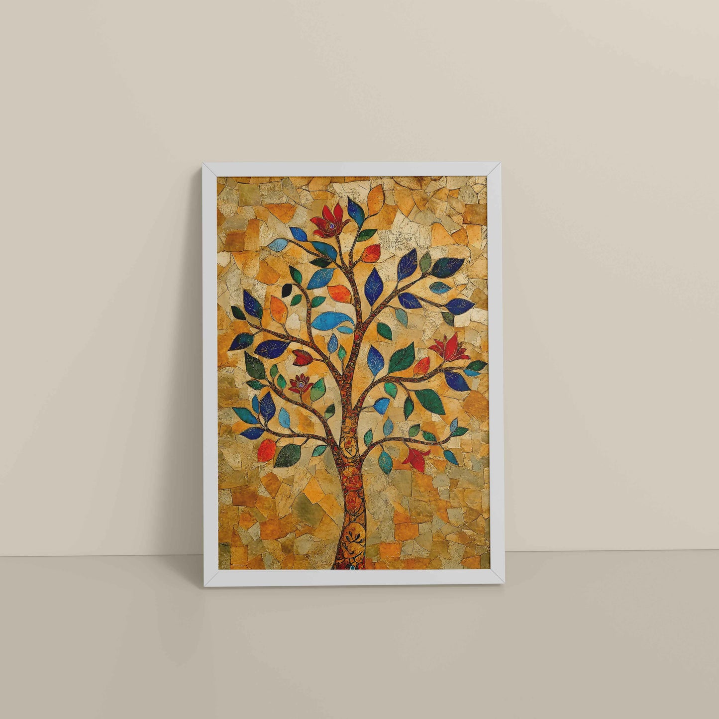Floor View of Modern Tree Motif – Madhubani Style Wall Painting in White Color Frame