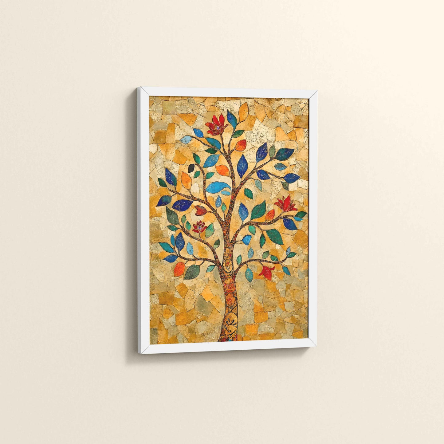 Side View of Modern Tree Motif – Madhubani Style Wall Painting in White Color Frame