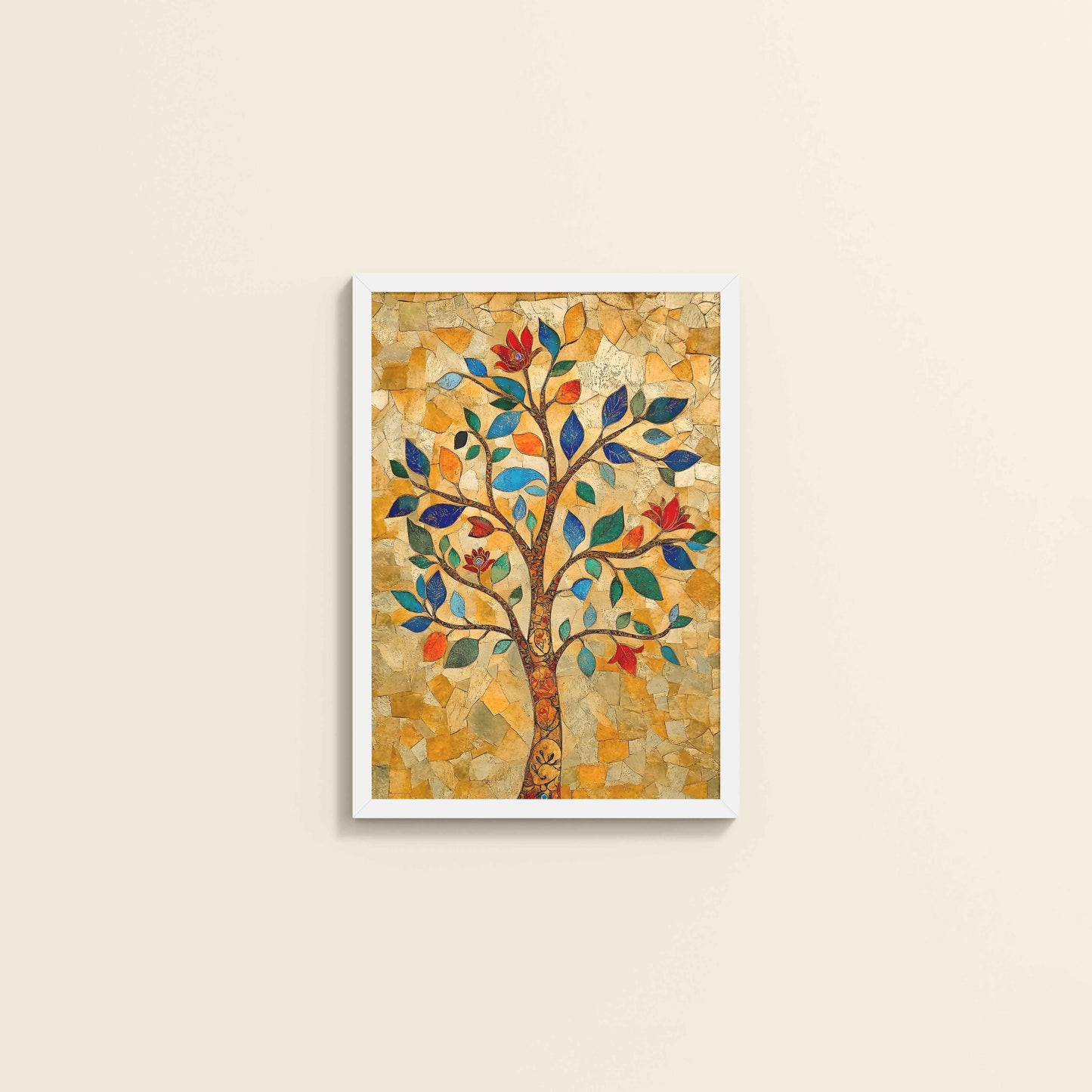 Wall View of Modern Tree Motif – Madhubani Style Wall Painting in White Color Frame