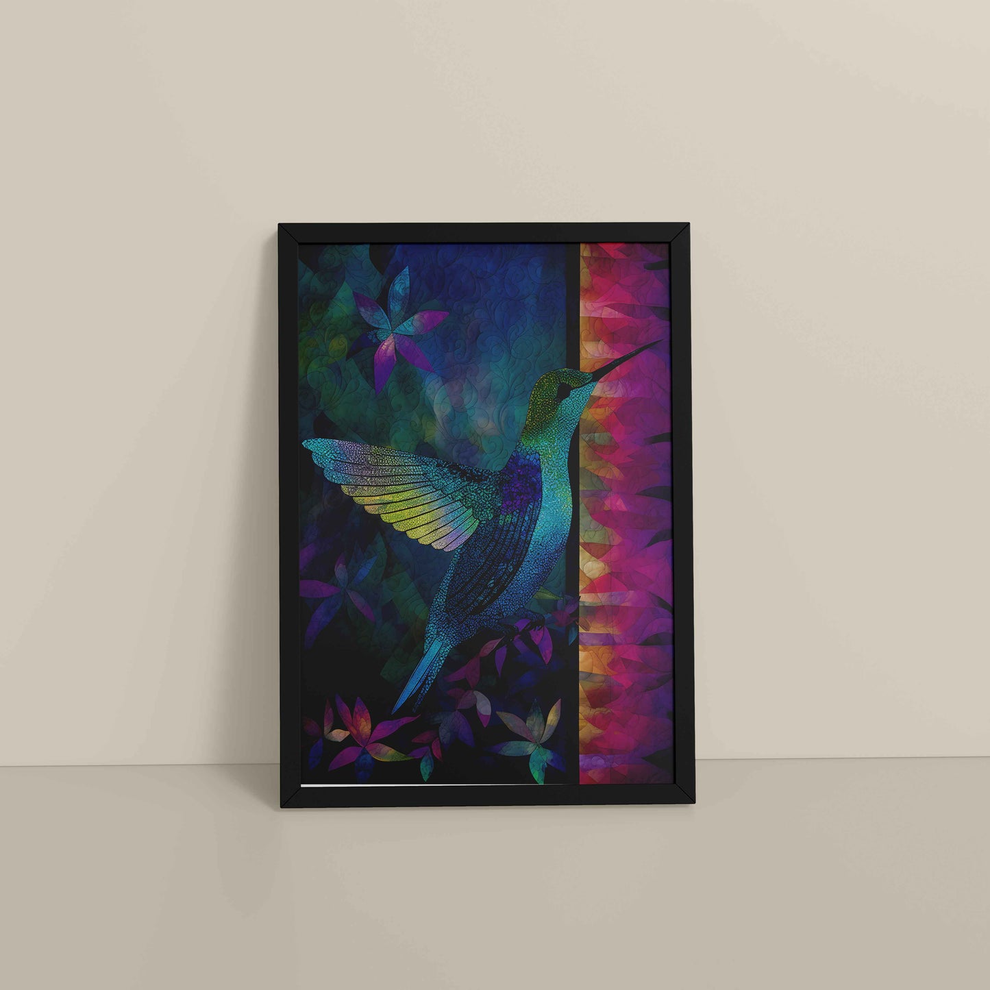 Floor View of Graceful Hummingbird – Traditional Madhubani Wall Art in Black Color Frame