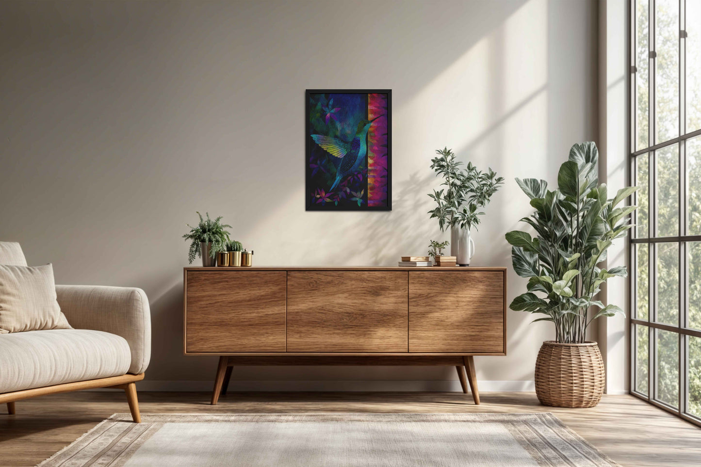 Living Room Cabinet Preview of Graceful Hummingbird – Traditional Madhubani Wall Art in Black Color Frame