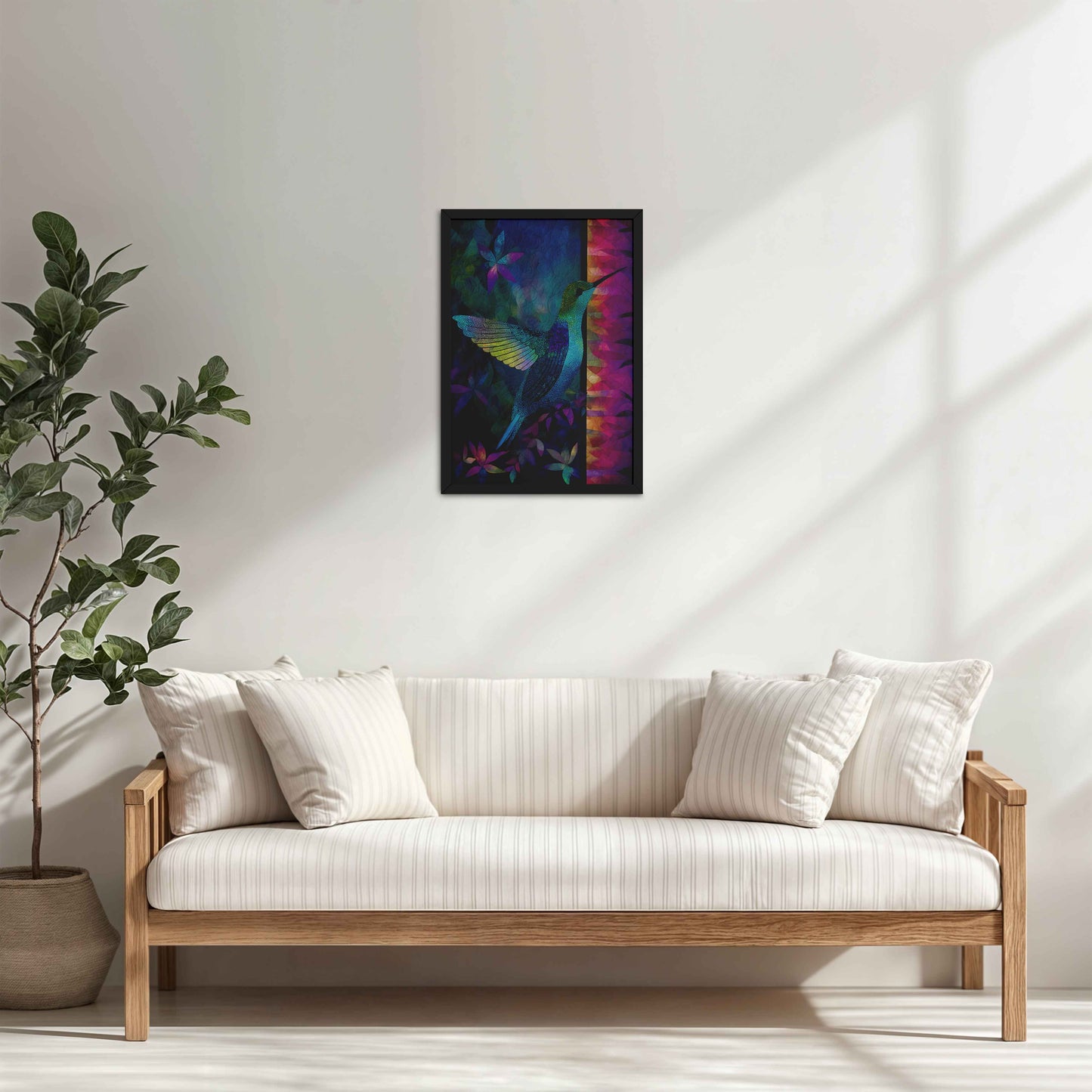 Living Room Cabinet Table Preview of Graceful Hummingbird – Traditional Madhubani Wall Art in Black Color Frame