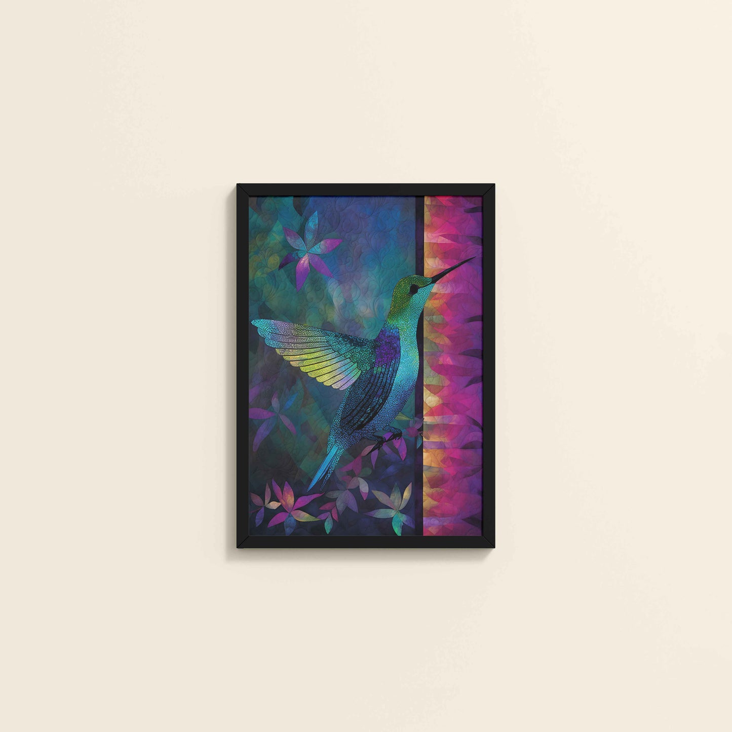Wall View of Graceful Hummingbird – Traditional Madhubani Wall Art in Black Color Frame