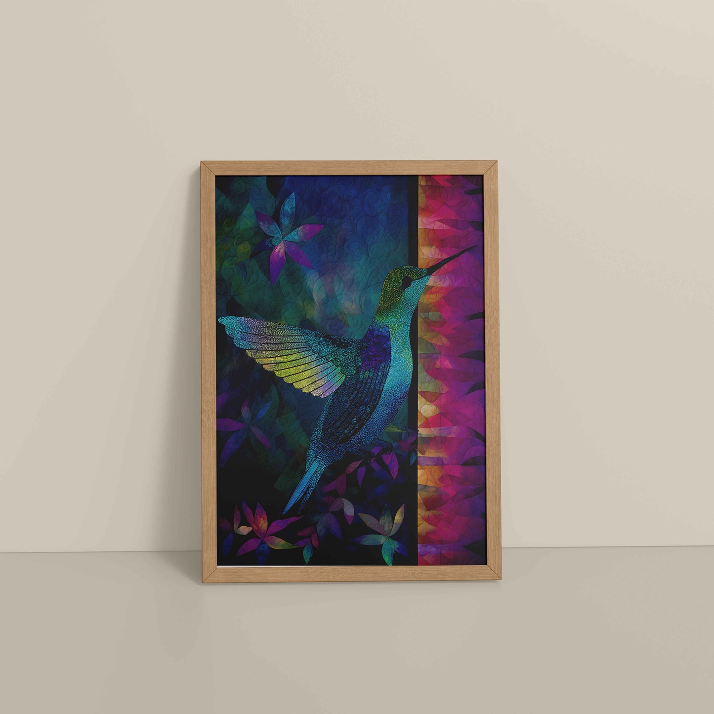 Floor View of Graceful Hummingbird – Traditional Madhubani Wall Art in Natrual Color Frame