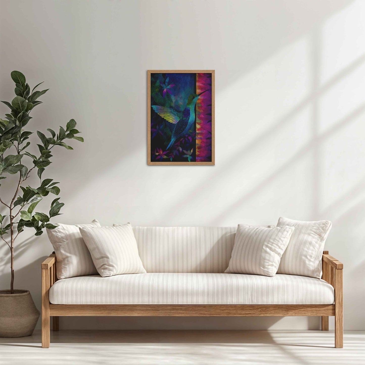 Living Room Cabinet Table Preview of Graceful Hummingbird – Traditional Madhubani Wall Art in Natrual Color Frame