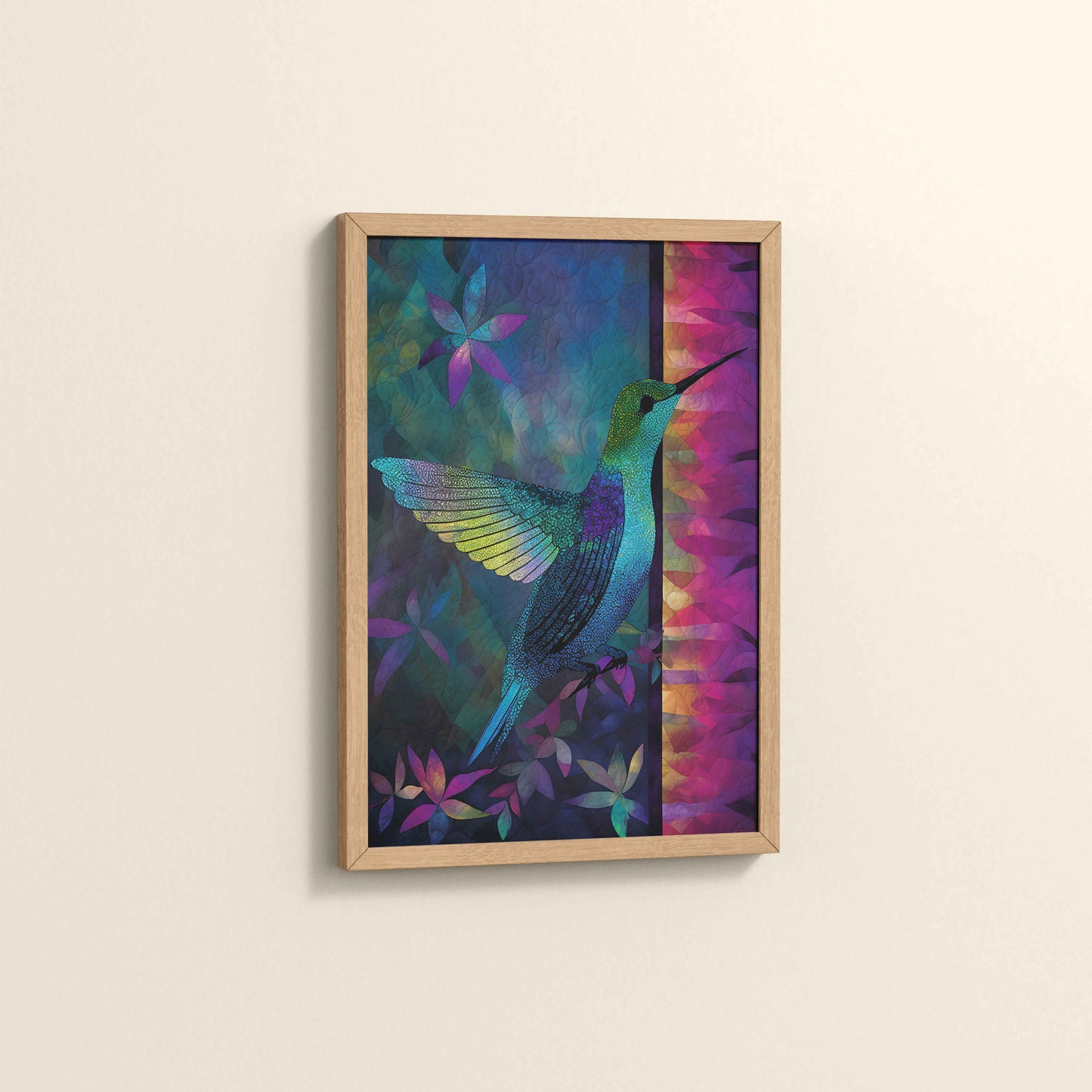 Side View of Graceful Hummingbird – Traditional Madhubani Wall Art in Natrual Color Frame