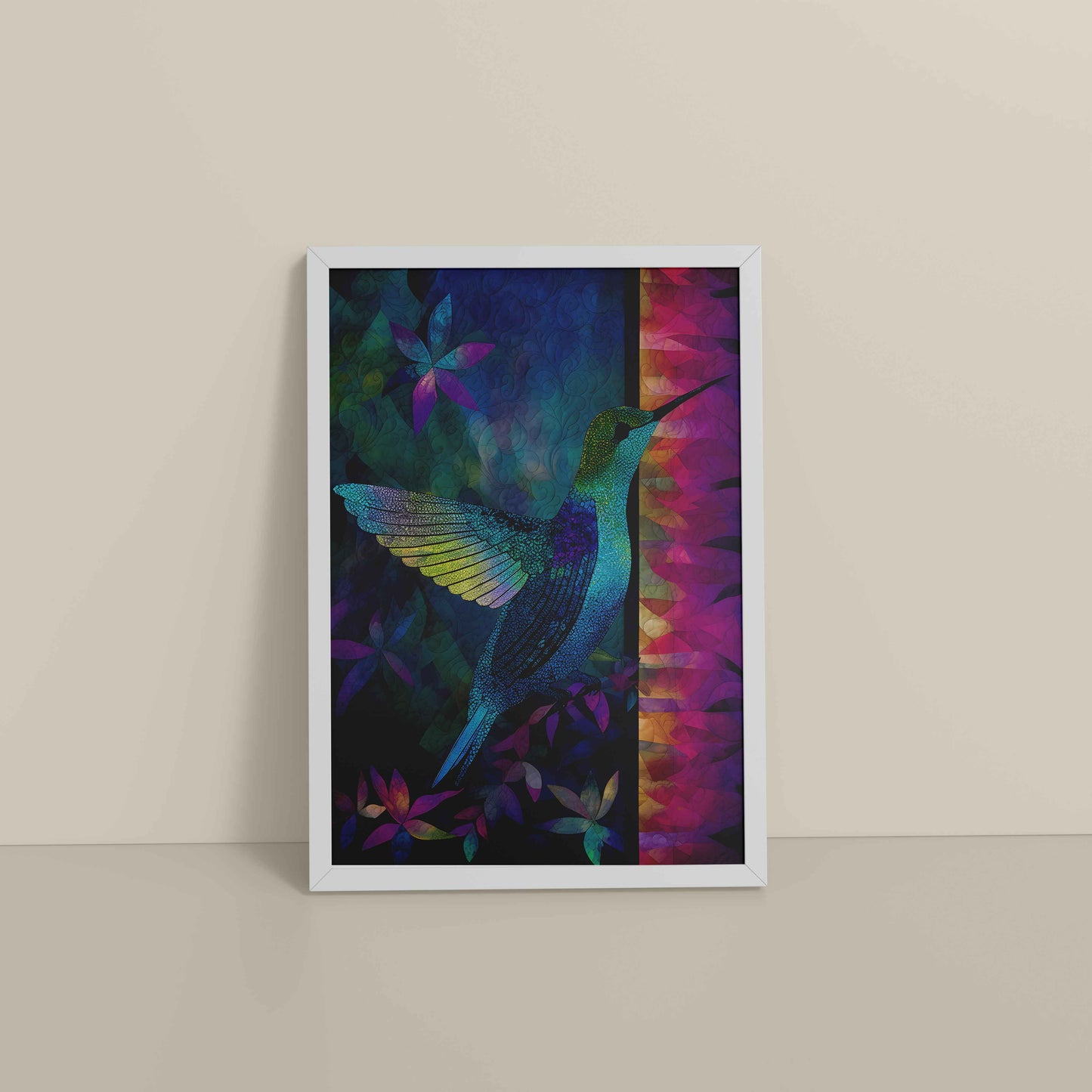 Floor View of Graceful Hummingbird – Traditional Madhubani Wall Art in White Color Frame