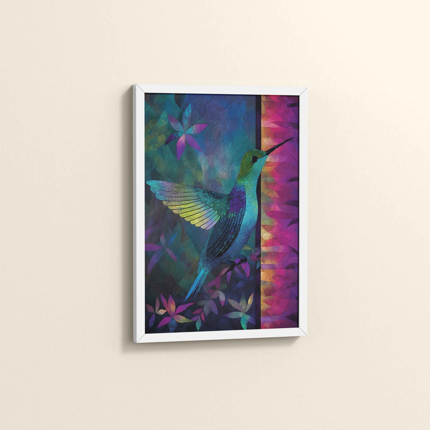 Side View of Graceful Hummingbird – Traditional Madhubani Wall Art in White Color Frame