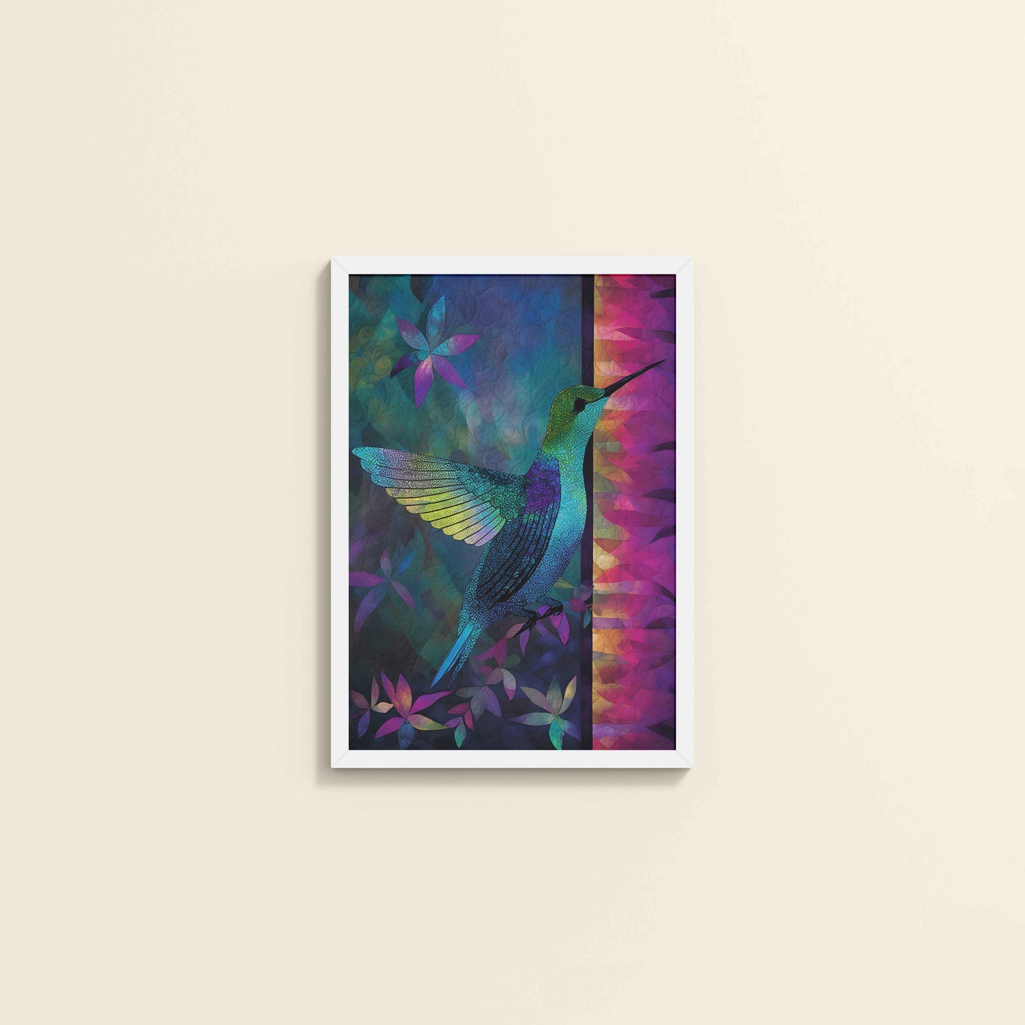 Wall View of Graceful Hummingbird – Traditional Madhubani Wall Art in White Color Frame
