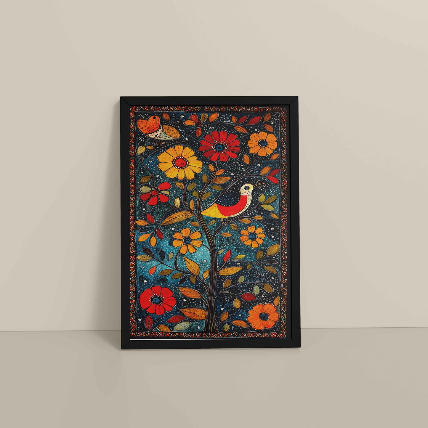 Floor View of Harmony in Nature – Madhubani Tree & Bird Wall Painting in Black Color Frame