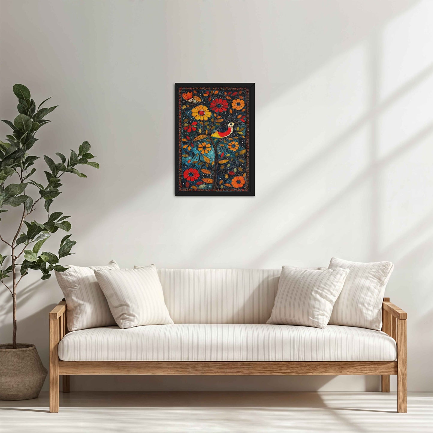 Living Room Cabinet Table Preview of Harmony in Nature – Madhubani Tree & Bird Wall Painting in Black Color Frame