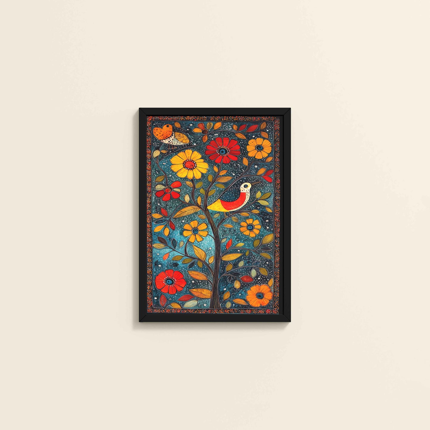 Wall View of Harmony in Nature – Madhubani Tree & Bird Wall Painting in Black Color Frame