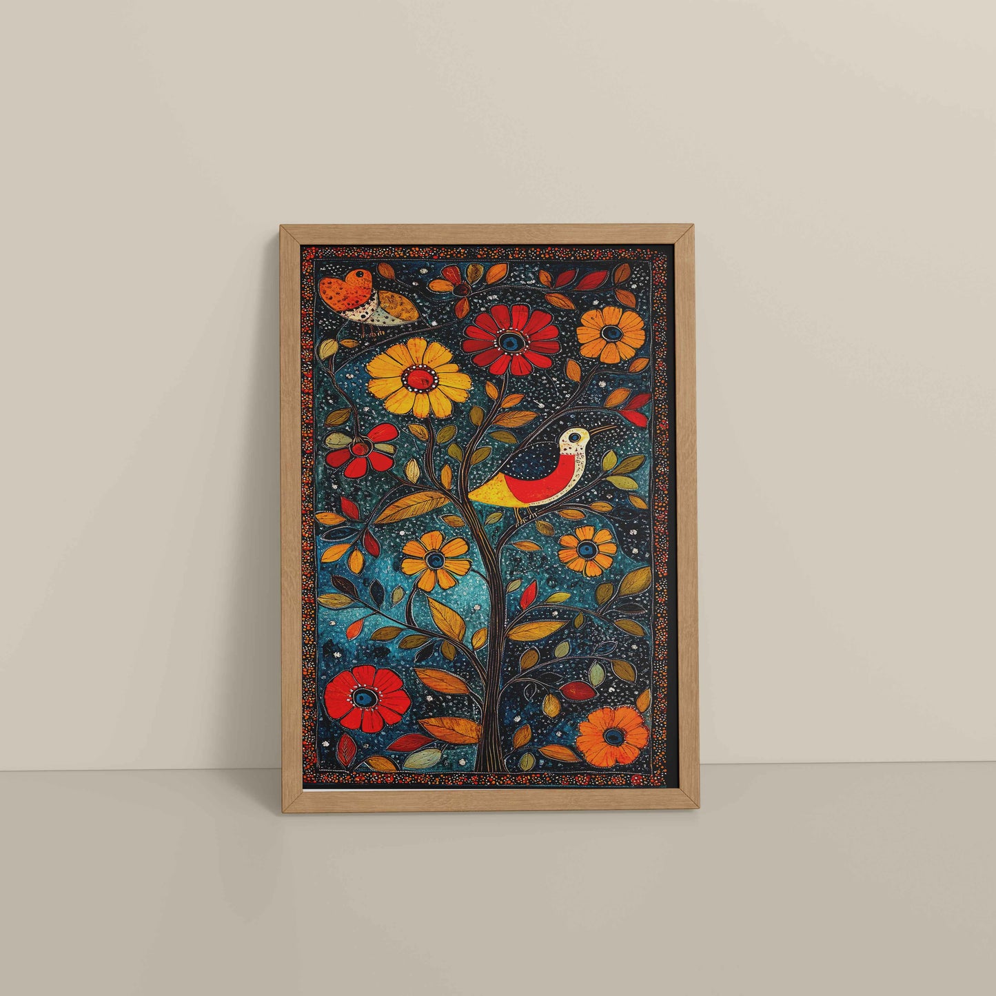 Floor View of Harmony in Nature – Madhubani Tree & Bird Wall Painting in Natrual Color Frame