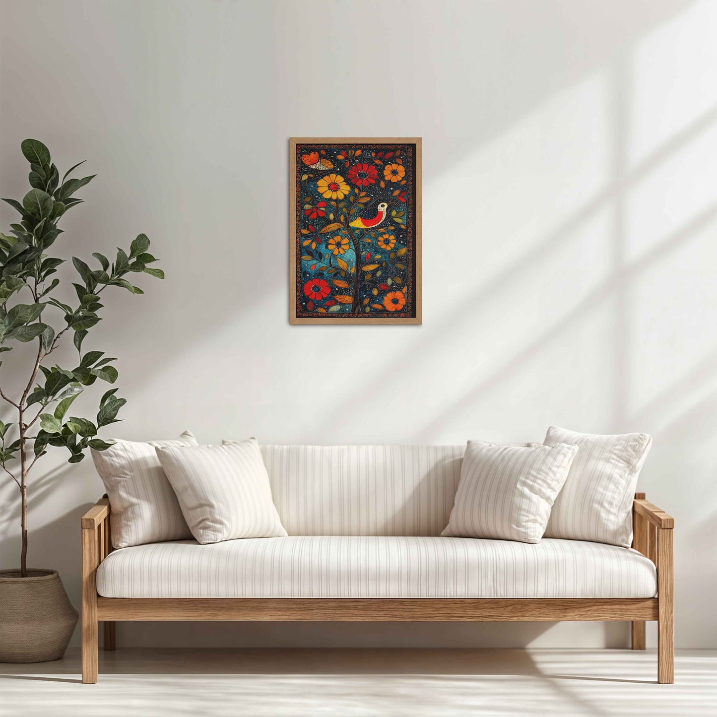 Living Room Cabinet Table Preview of Harmony in Nature – Madhubani Tree & Bird Wall Painting in Natrual Color Frame