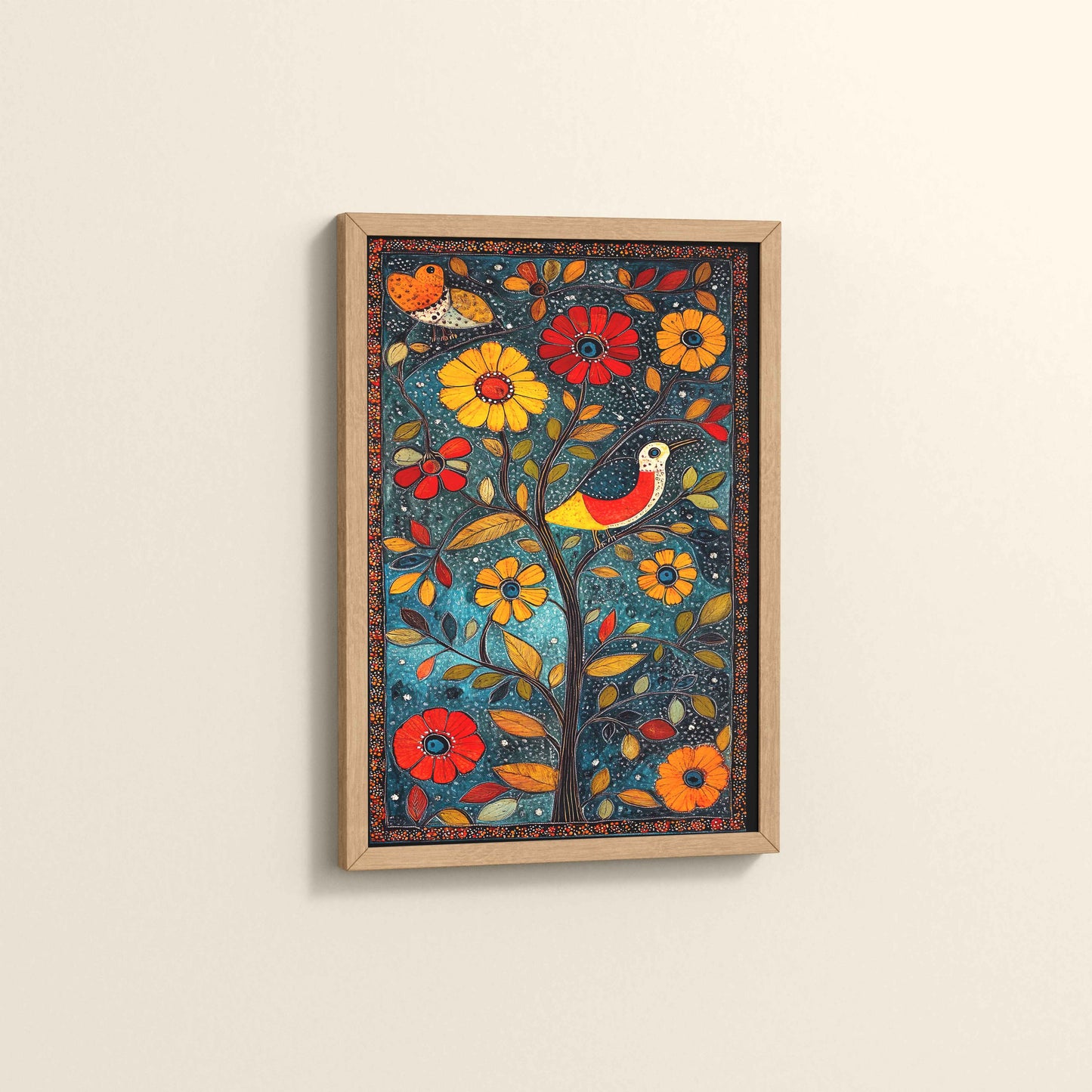 Side View of Harmony in Nature – Madhubani Tree & Bird Wall Painting in Natrual Color Frame