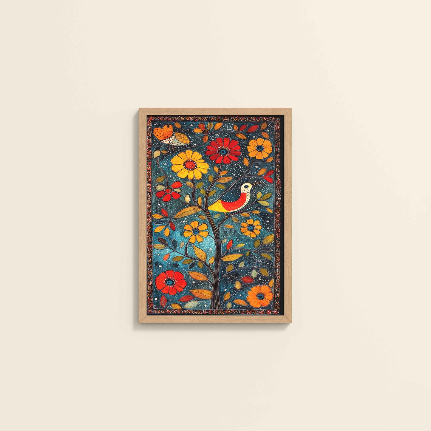 Wall View of Harmony in Nature – Madhubani Tree & Bird Wall Painting in Natrual Color Frame