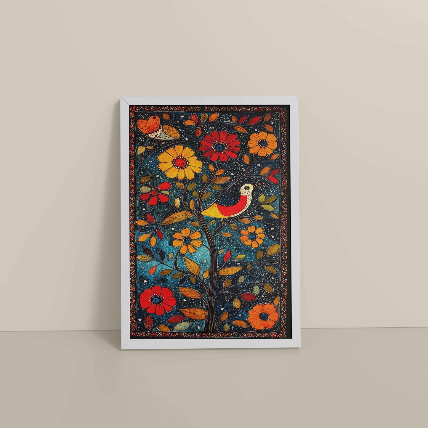 Floor View of Harmony in Nature – Madhubani Tree & Bird Wall Painting in White Color Frame