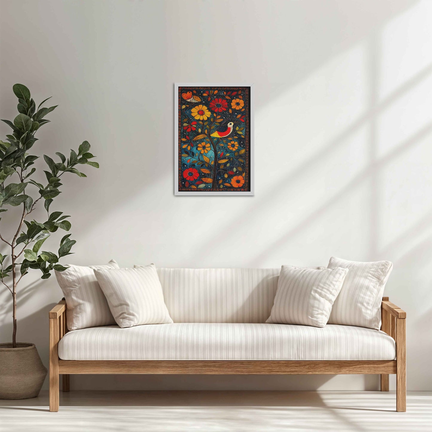 Living Room Cabinet Table Preview of Harmony in Nature – Madhubani Tree & Bird Wall Painting in White Color Frame