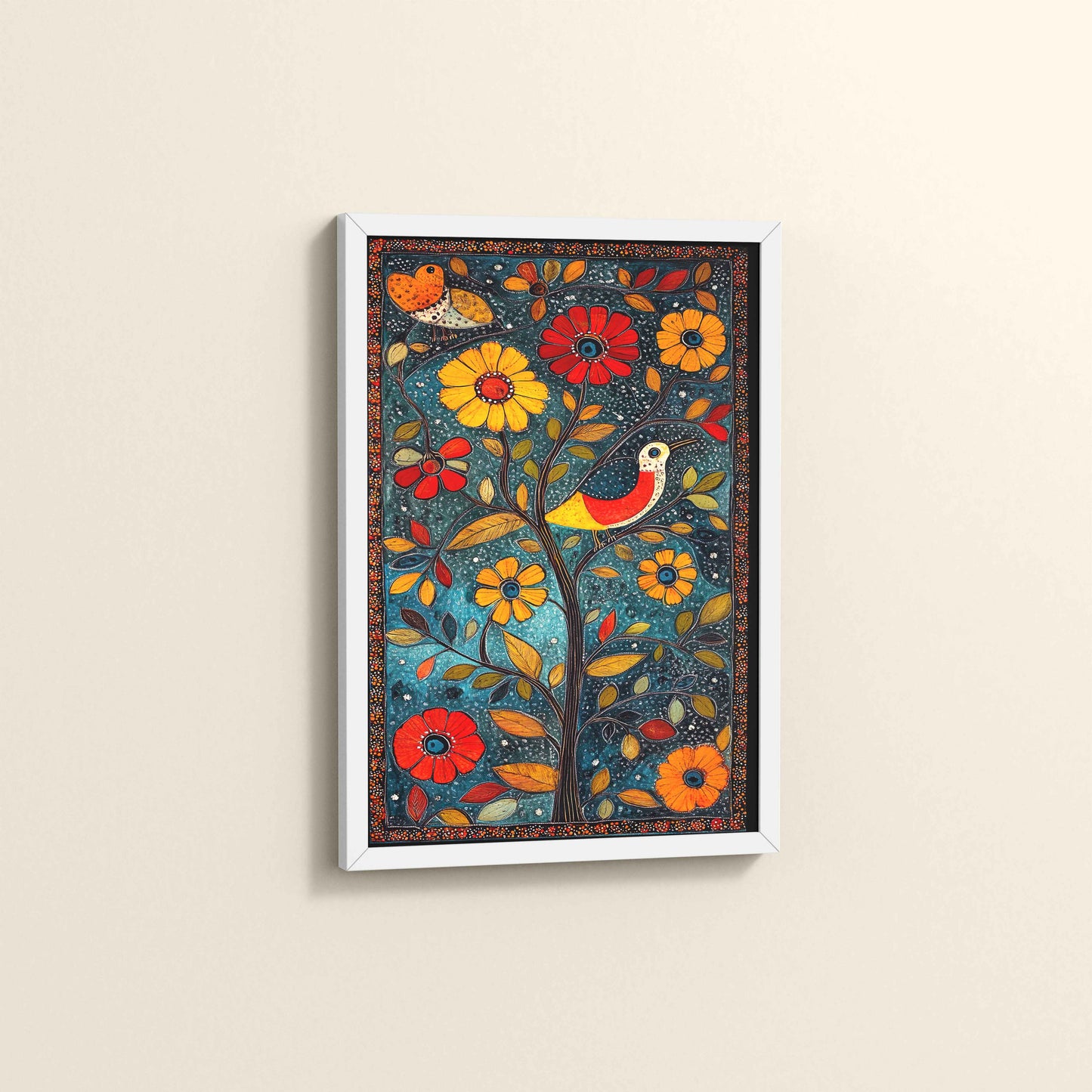 Side View of Harmony in Nature – Madhubani Tree & Bird Wall Painting in White Color Frame