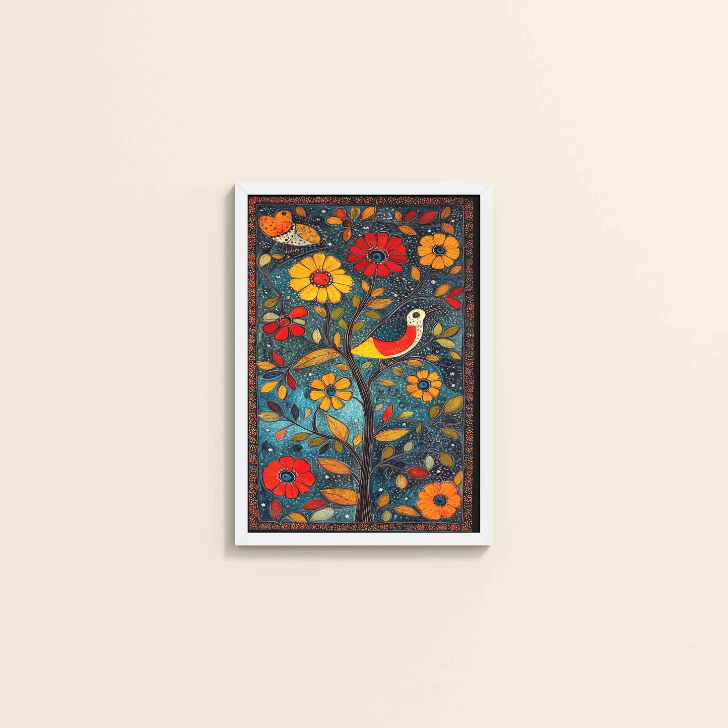 Wall View of Harmony in Nature – Madhubani Tree & Bird Wall Painting in White Color Frame
