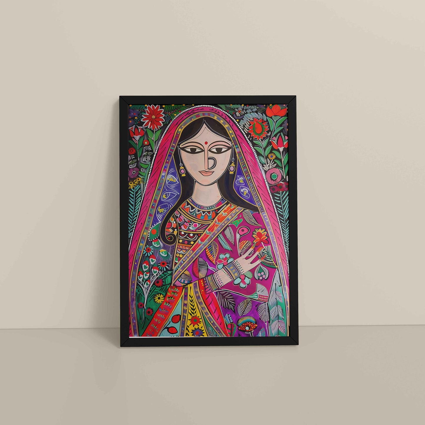 Floor View of Graceful Indian Woman in Saree – Traditional Madhubani Wall Art in Black Color Frame