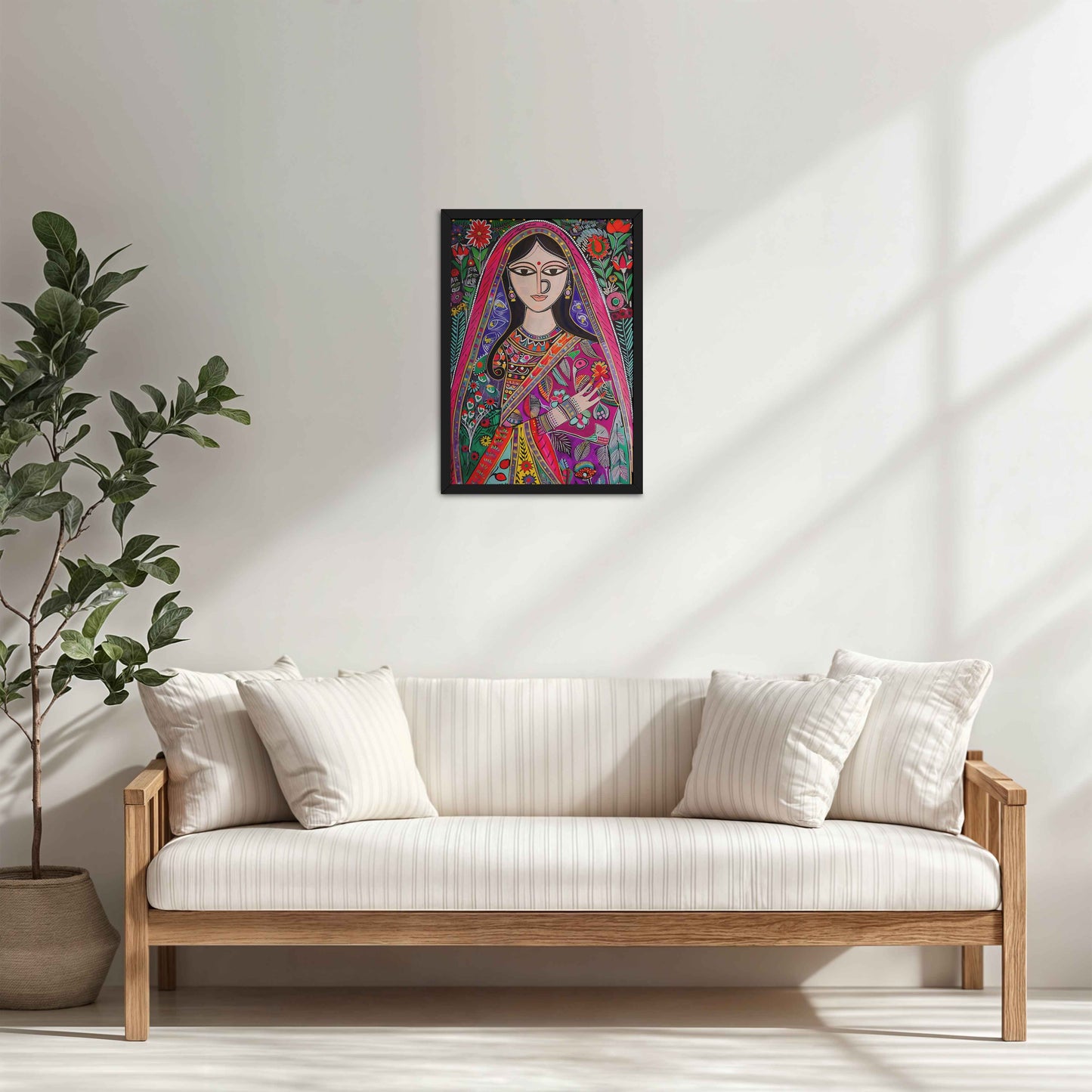 Living Room Cabinet Table Preview of Graceful Indian Woman in Saree – Traditional Madhubani Wall Art in Black Color Frame