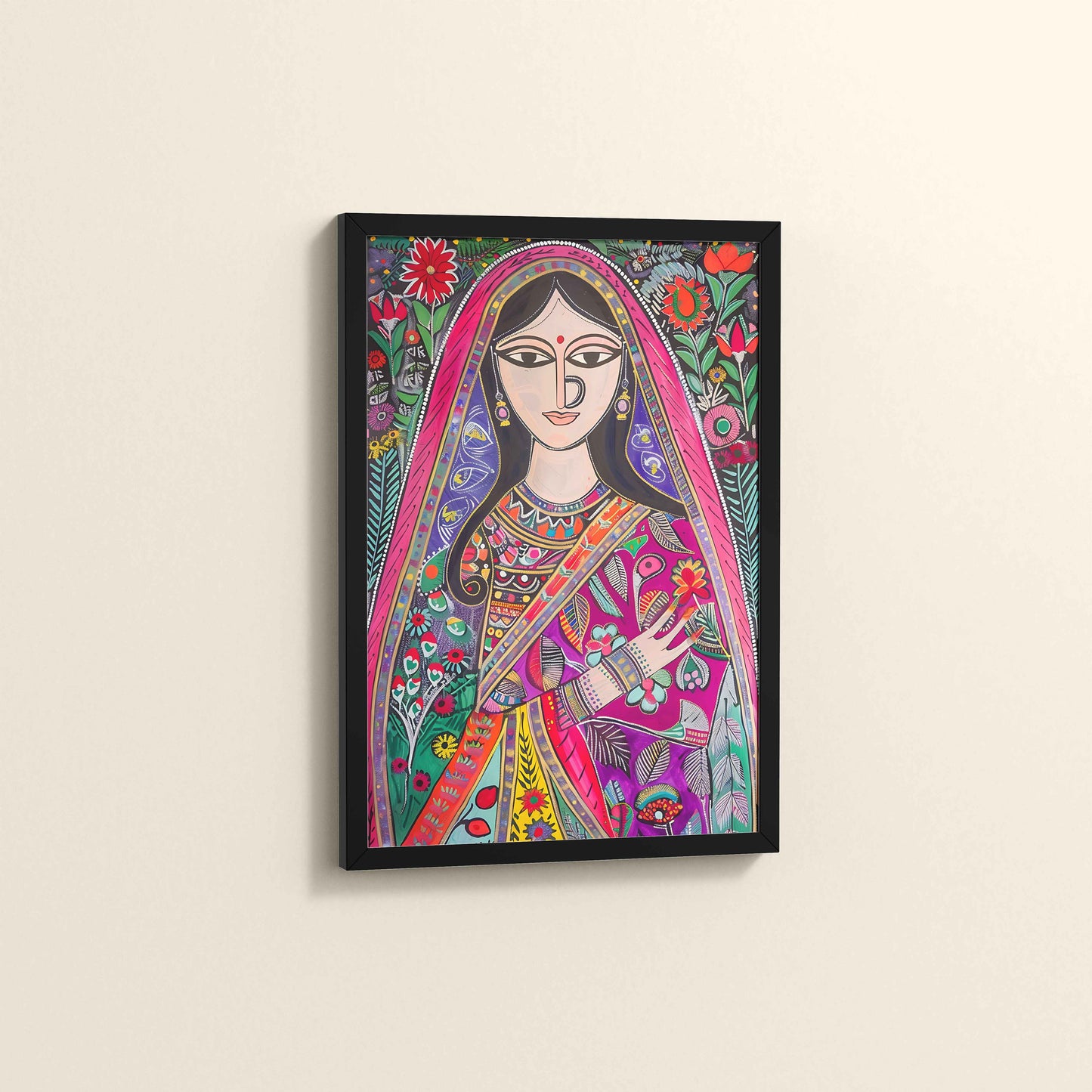 Side View of Graceful Indian Woman in Saree – Traditional Madhubani Wall Art in Black Color Frame