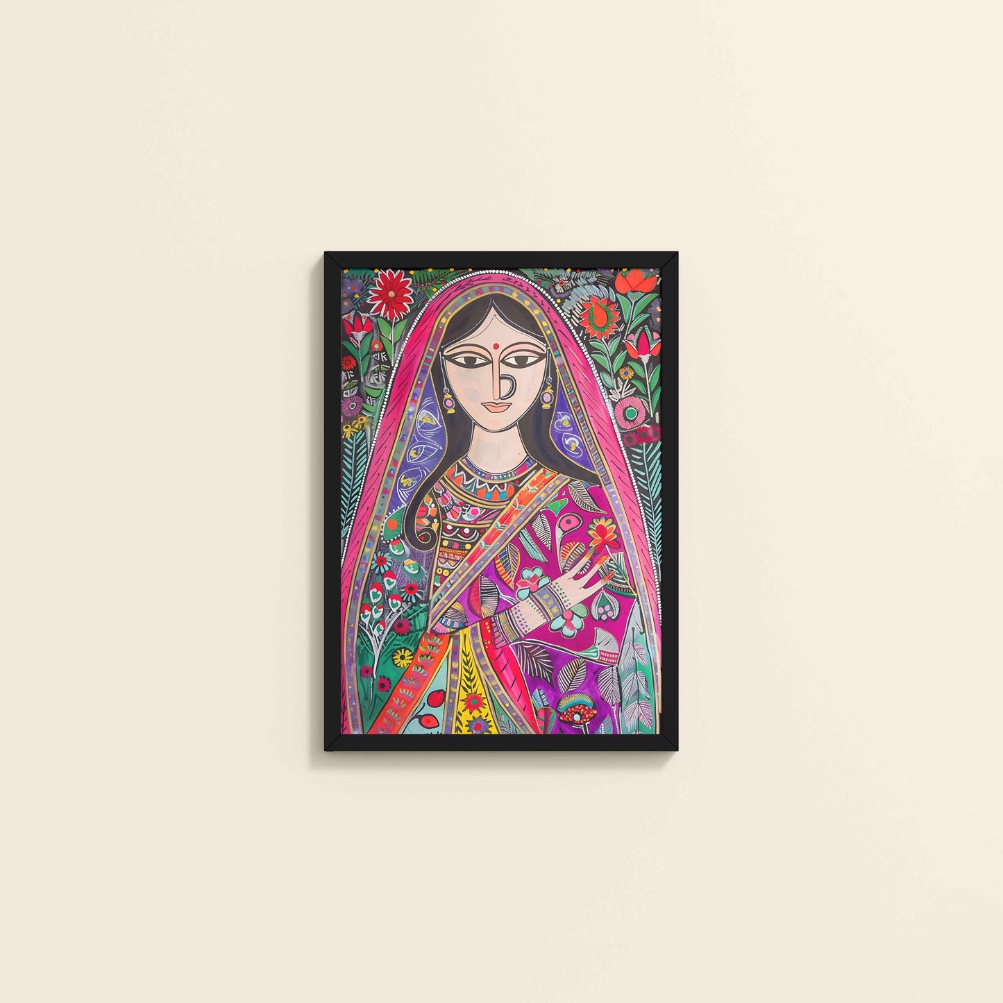Wall View of Graceful Indian Woman in Saree – Traditional Madhubani Wall Art in Black Color Frame