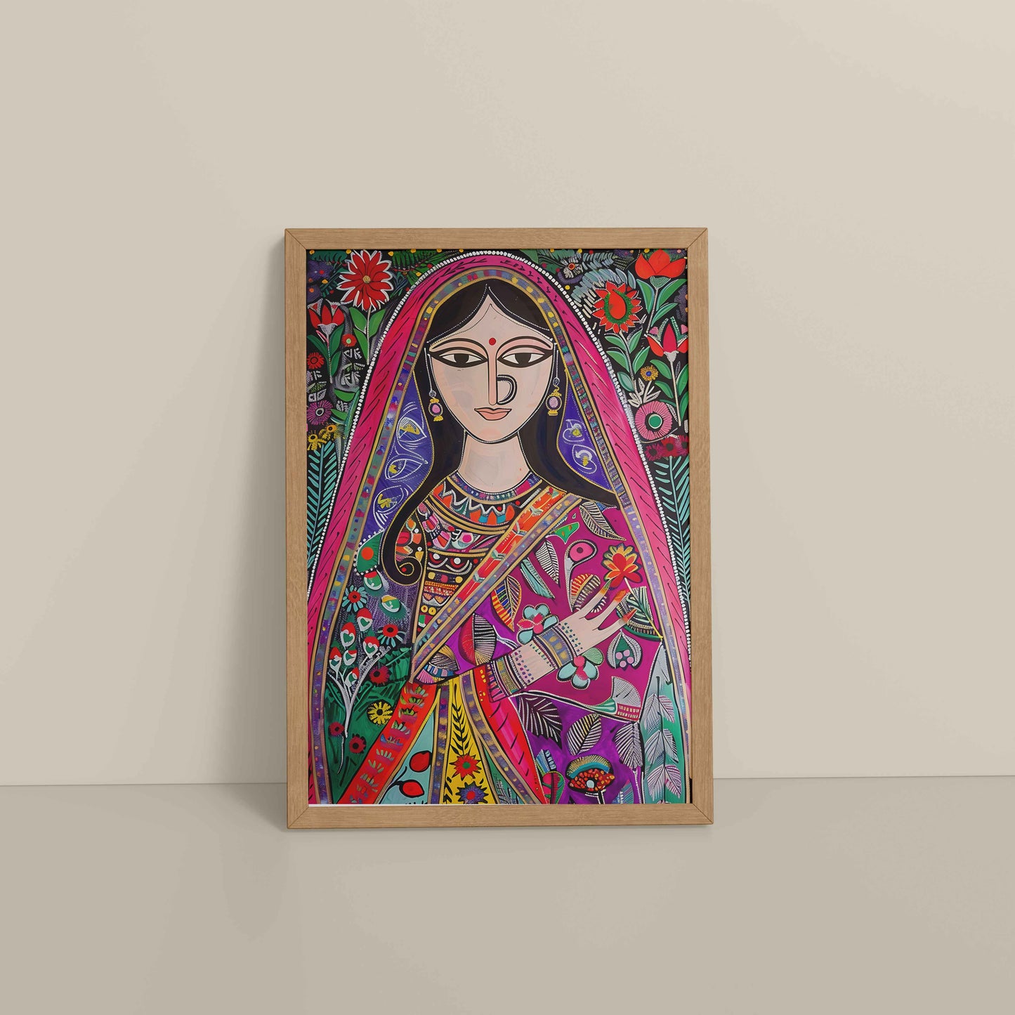 Floor View of Graceful Indian Woman in Saree – Traditional Madhubani Wall Art in Natrual Color Frame