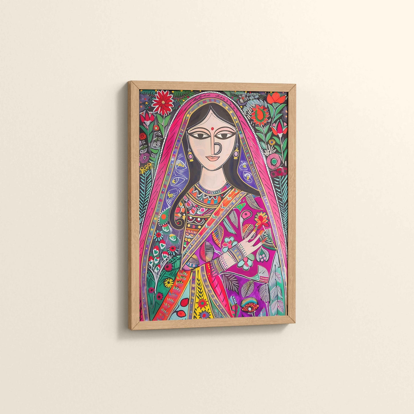 Side View of Graceful Indian Woman in Saree – Traditional Madhubani Wall Art in Natrual Color Frame