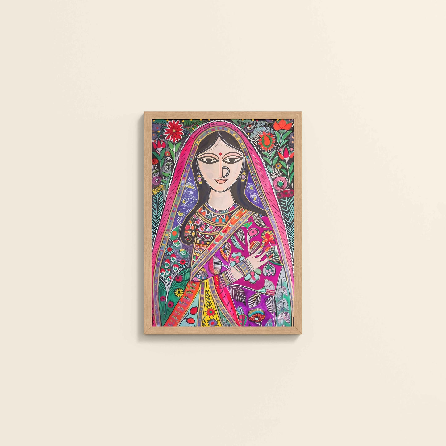 Wall View of Graceful Indian Woman in Saree – Traditional Madhubani Wall Art in Natrual Color Frame