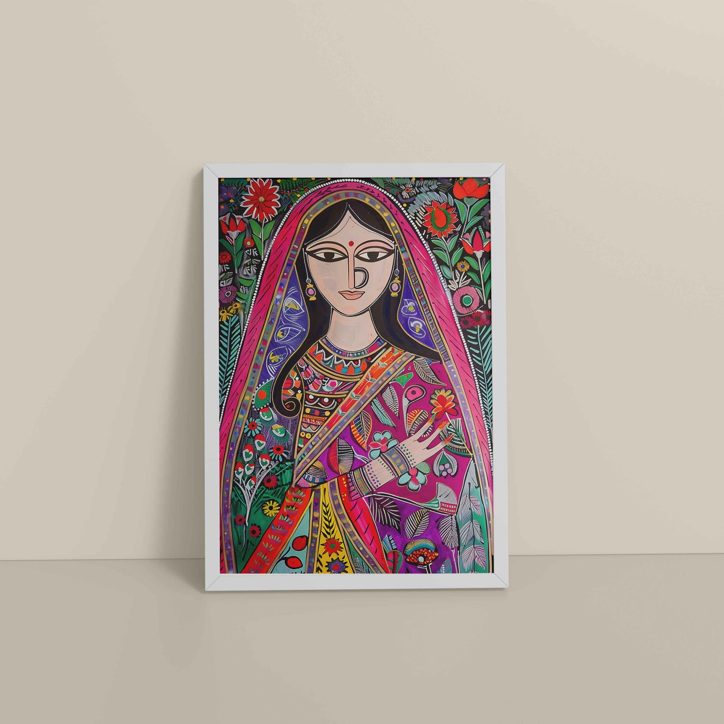 Floor View of Graceful Indian Woman in Saree – Traditional Madhubani Wall Art in White Color Frame