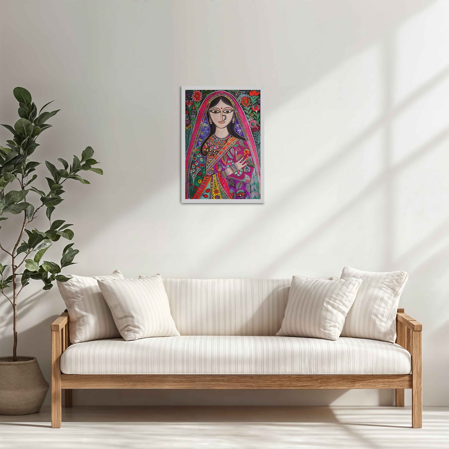Living Room Cabinet Table Preview of Graceful Indian Woman in Saree – Traditional Madhubani Wall Art in White Color Frame