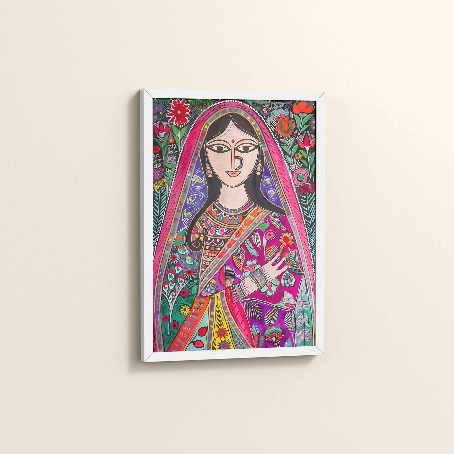 Side View of Graceful Indian Woman in Saree – Traditional Madhubani Wall Art in White Color Frame