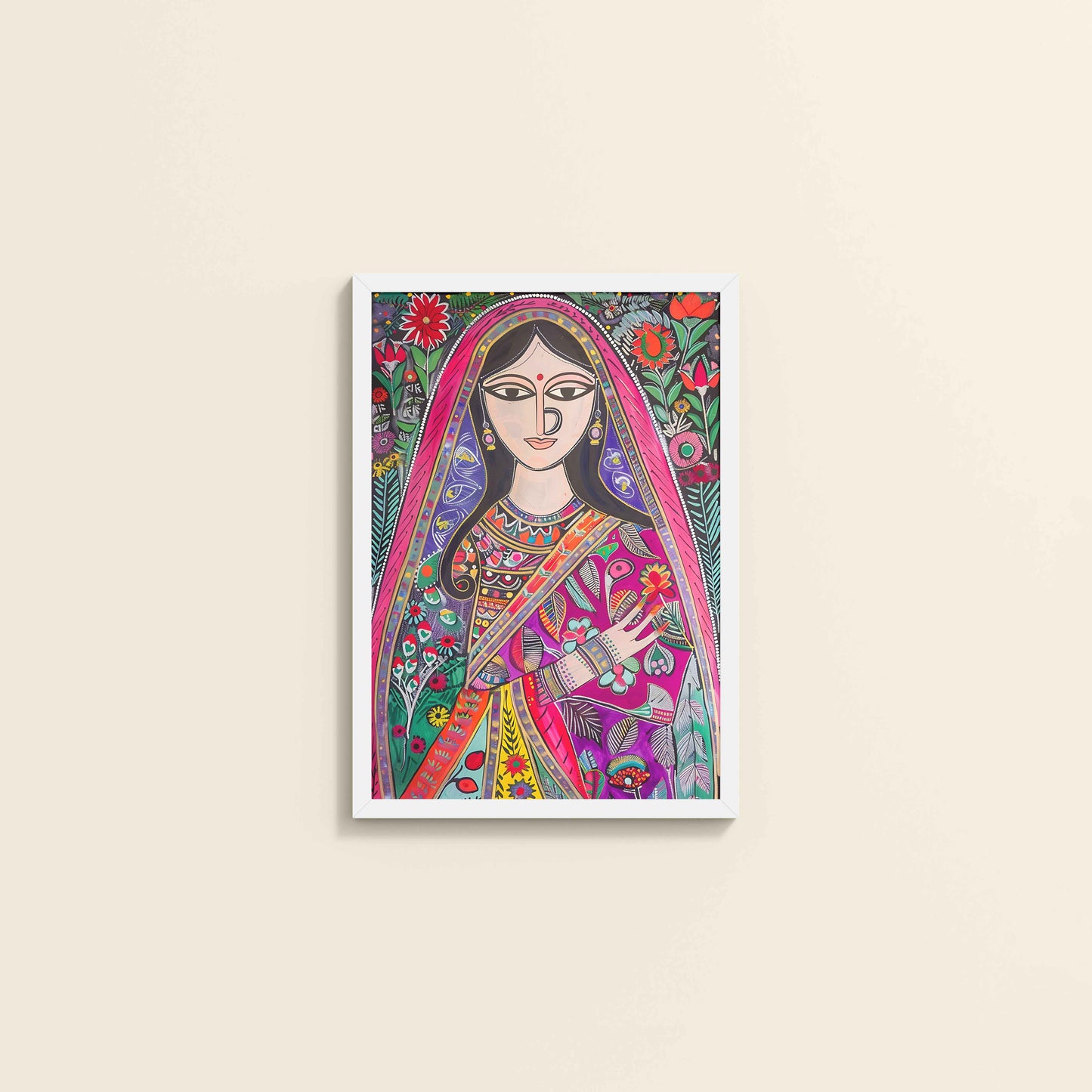 Wall View of Graceful Indian Woman in Saree – Traditional Madhubani Wall Art in White Color Frame