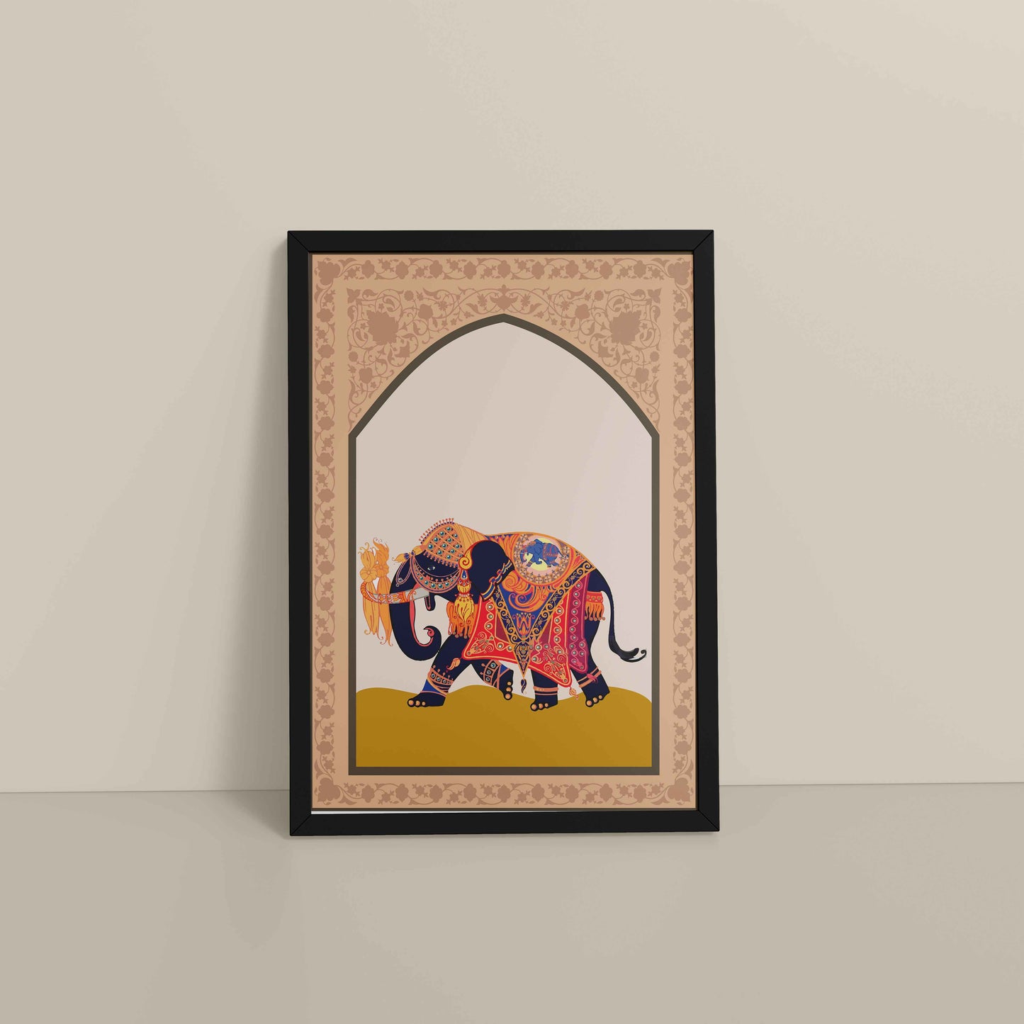 Floor View of Royal Elephant – Traditional Madhubani Art Painting in Black Color Frame