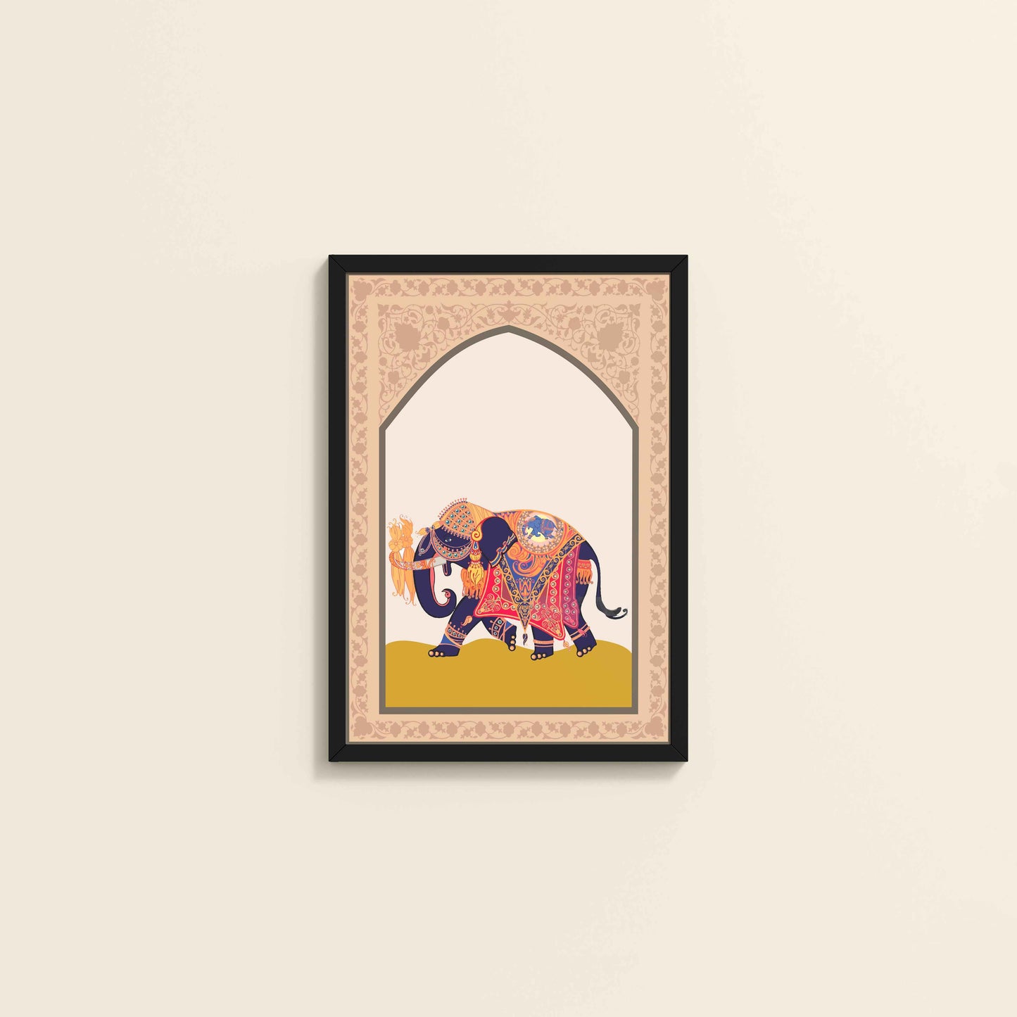 Wall View of Royal Elephant – Traditional Madhubani Art Painting in Black Color Frame