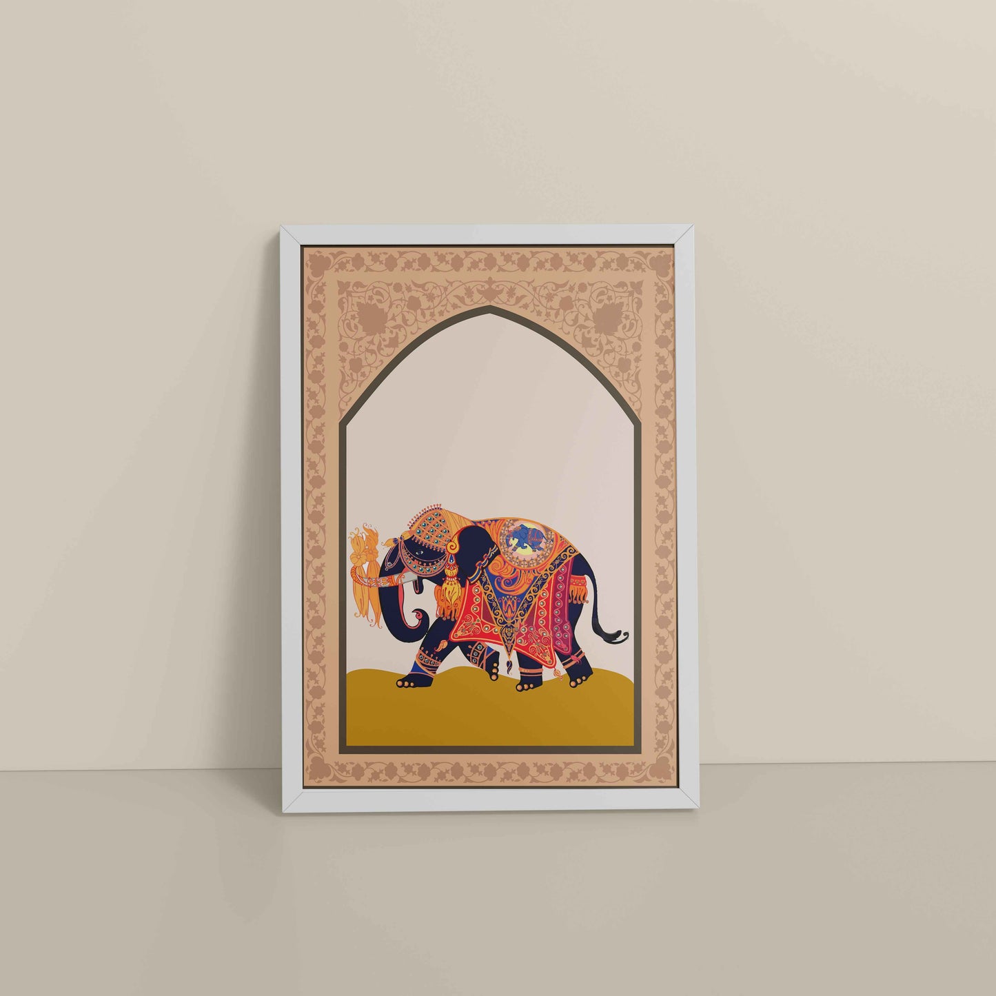 Floor View of Royal Elephant – Traditional Madhubani Art Painting in White Color Frame