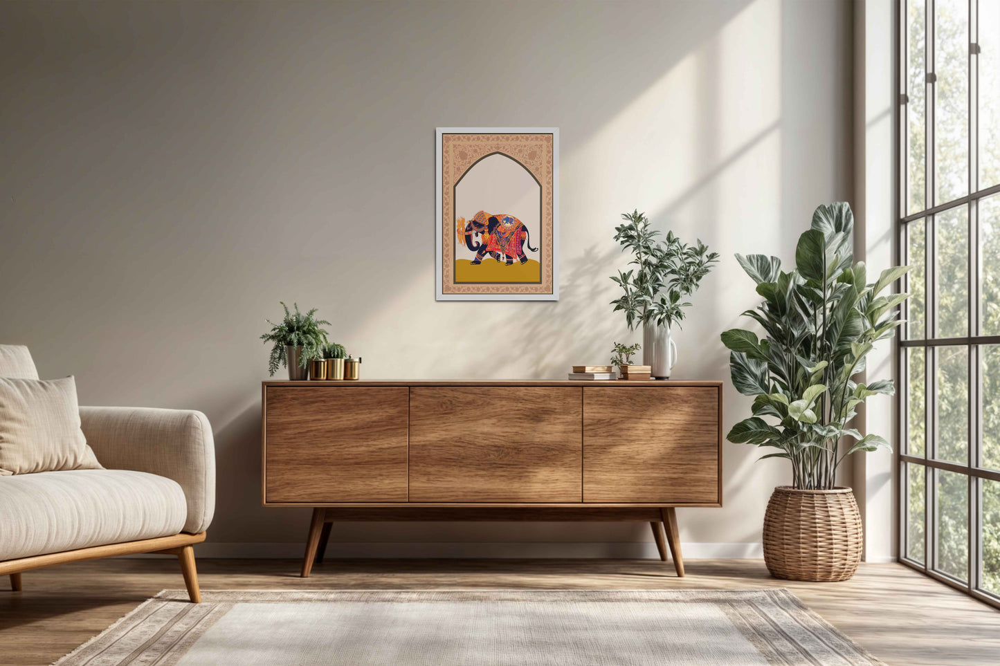 Living Room Cabinet Preview of Royal Elephant – Traditional Madhubani Art Painting in White Color Frame