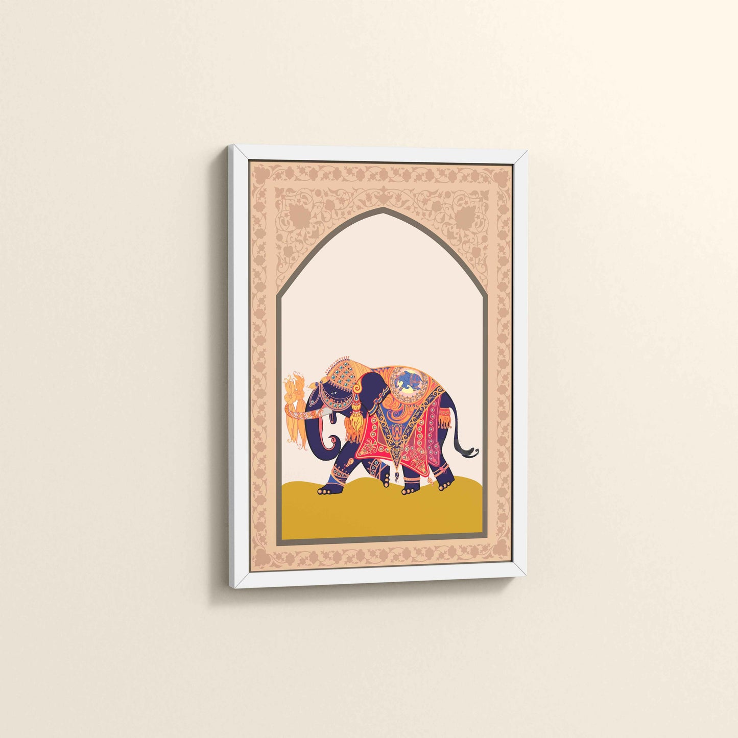 Side View of Royal Elephant – Traditional Madhubani Art Painting in White Color Frame