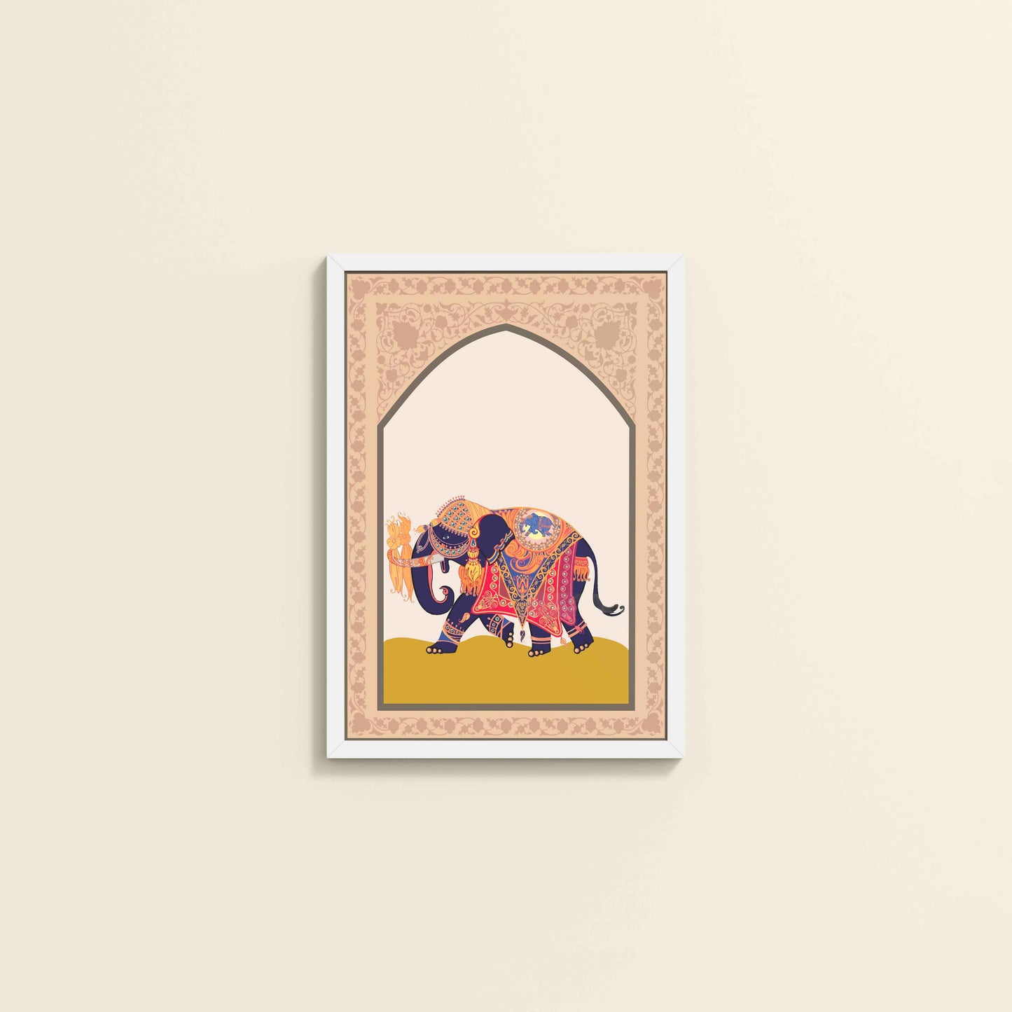 Wall View of Royal Elephant – Traditional Madhubani Art Painting in White Color Frame