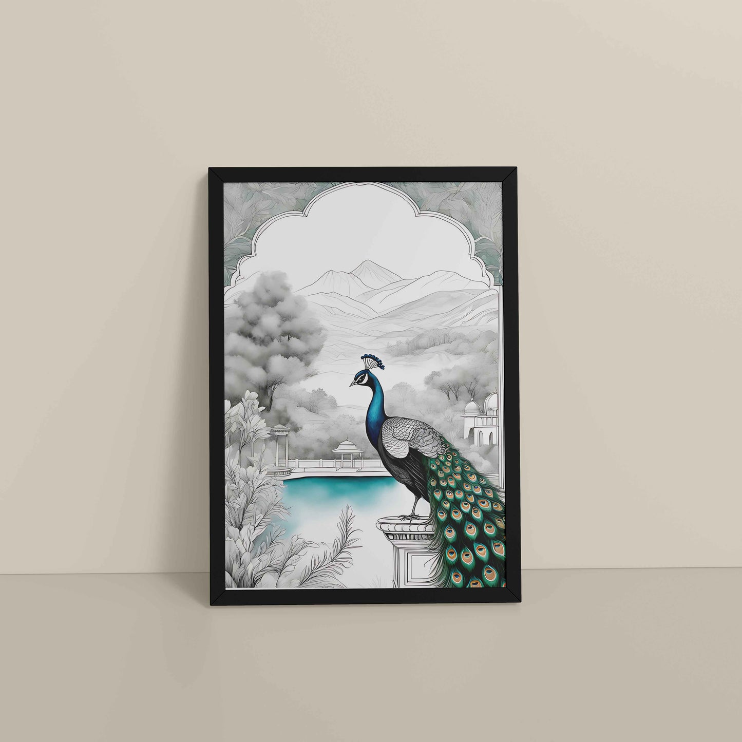 Floor View of Peacock with Nature Traditional Madhubani Art Wall Frame in Black Color Frame