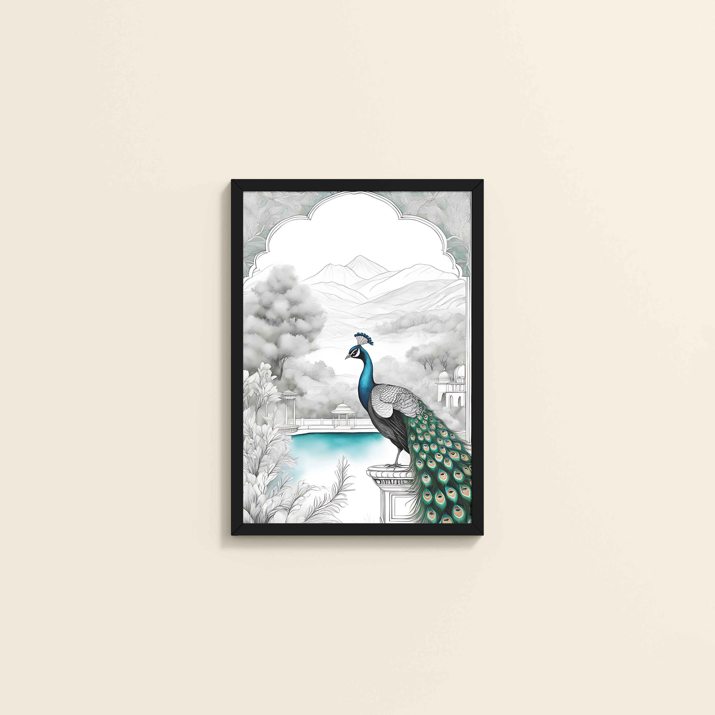 Wall View of Peacock with Nature Traditional Madhubani Art Wall Frame in Black Color Frame