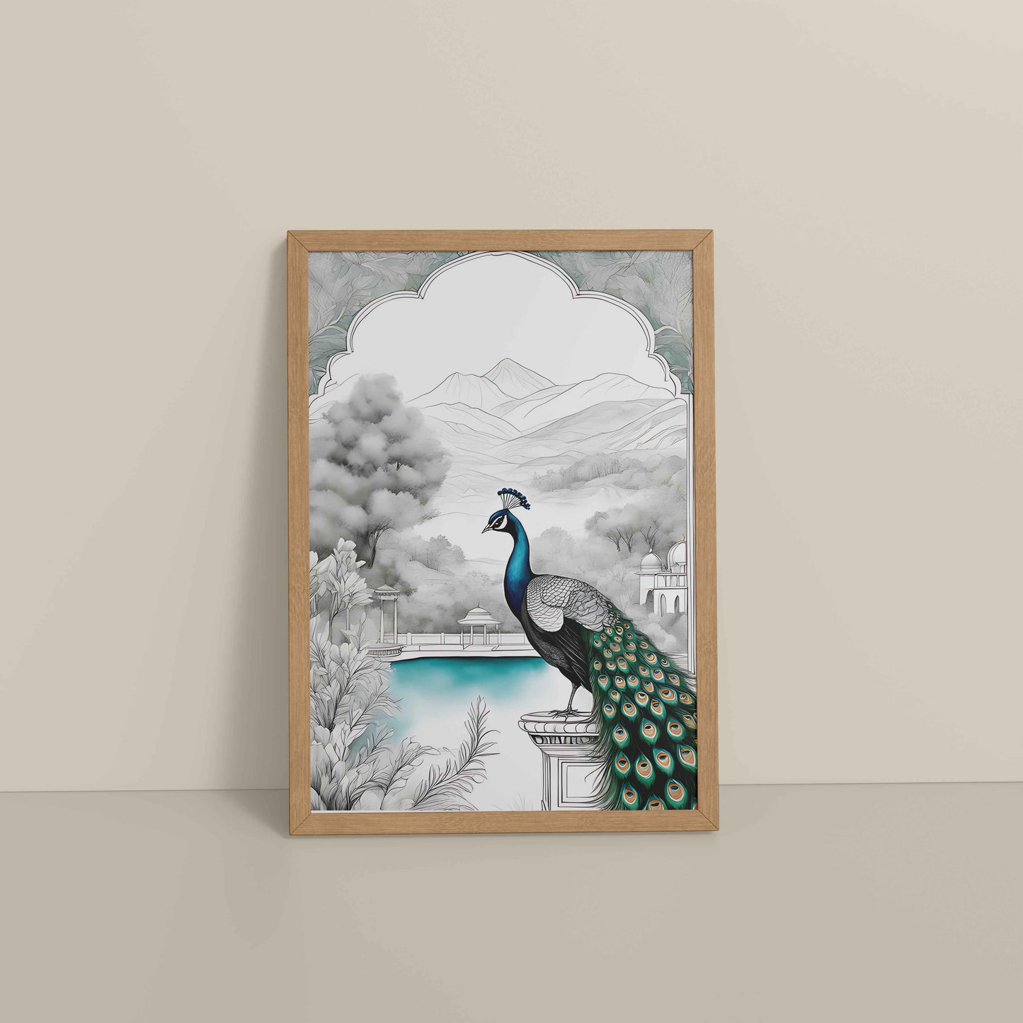 Floor View of Peacock with Nature Traditional Madhubani Art Wall Frame in Natrual Color Frame