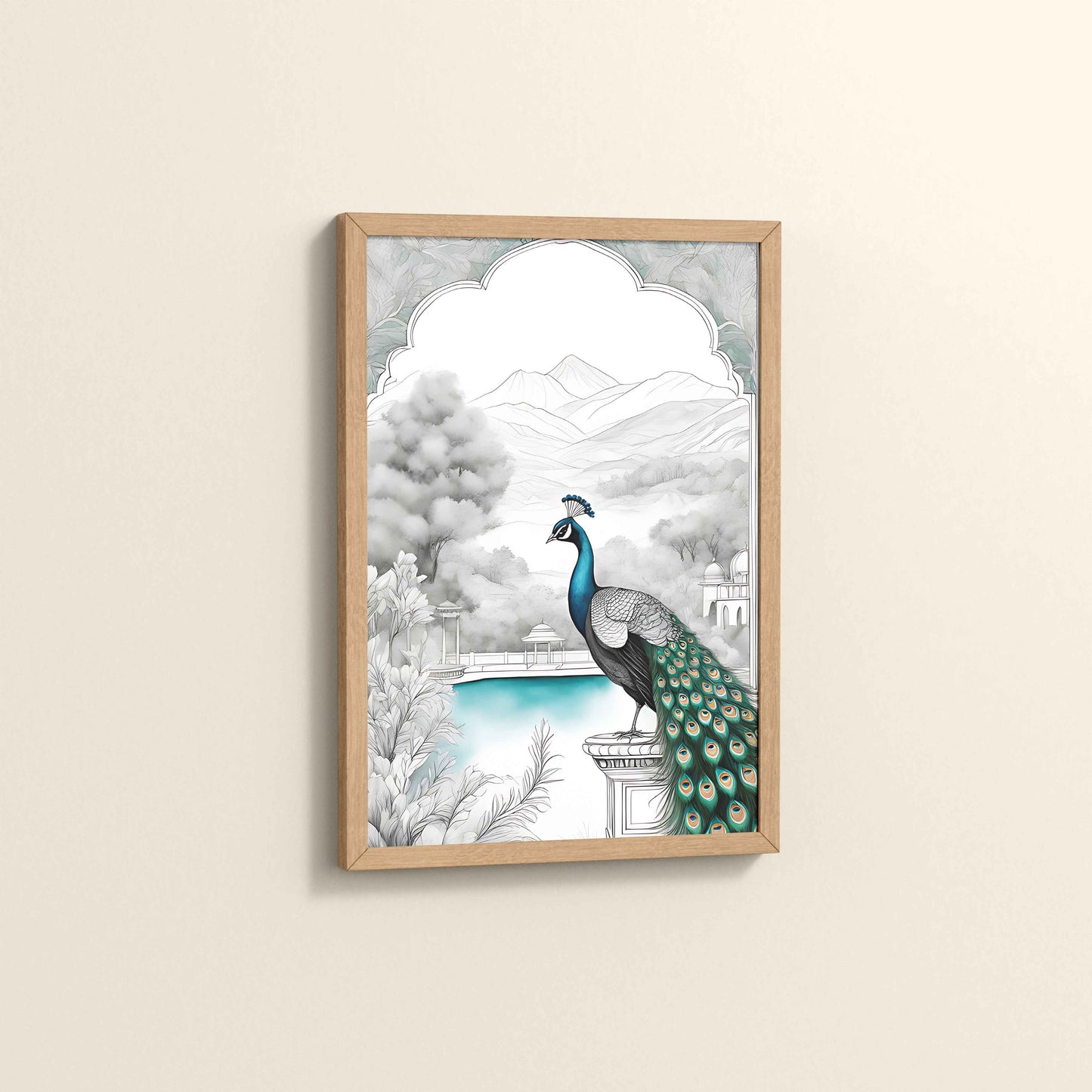 Side View of Peacock with Nature Traditional Madhubani Art Wall Frame in Natrual Color Frame